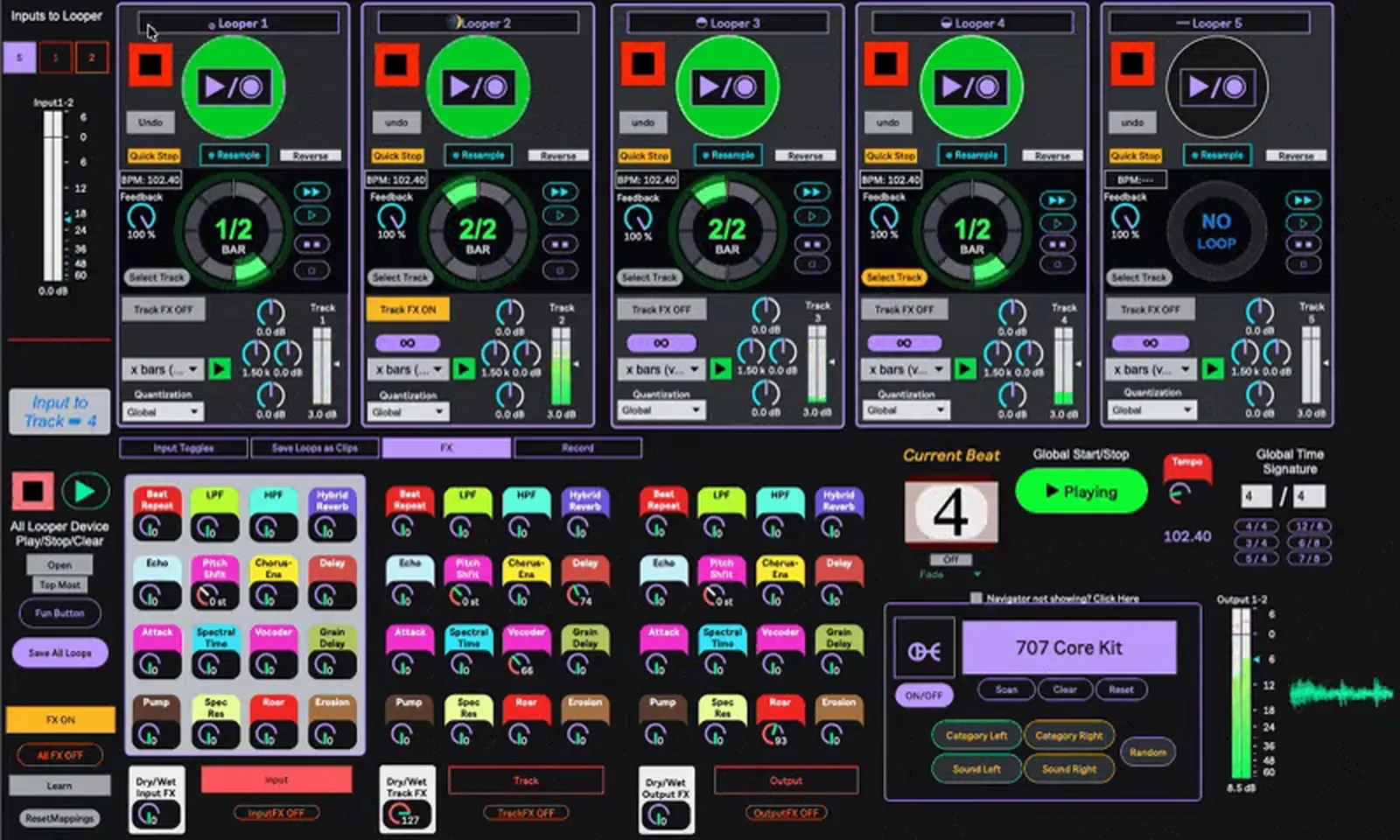 Ouroboros HUD: five loopers, FX bank, beat counter, instrument selector